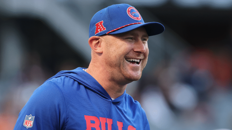 Offensive coordinator Joe Brady of the Buffalo Bills looks on prior to the NFL Preseason 2025 game between Buffalo Bills and Chicago Bears at Soldier Field on August 17, 2025 in Chicago, Illinois.