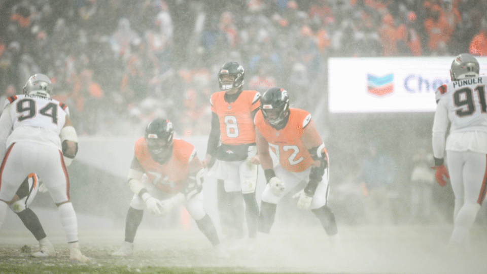 Jarrett Stidham (8) of the Denver Broncos deals with wind gusts and snow as he attempts to lead a drive against the New England Patriots during the fourth quarter of the Patriots' 10-7 AFC Championship Game win at Empower Field at Mile High in Denver, Colorado on Sunday, January 25, 2026.