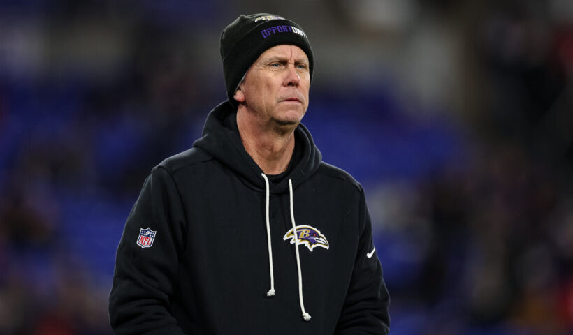 Offensive coordinator Todd Monken of the against the Baltimore Ravens looks on before the game against the New England Patriots at M&T Bank Stadium on December 21, 2025 in Baltimore, Maryland.