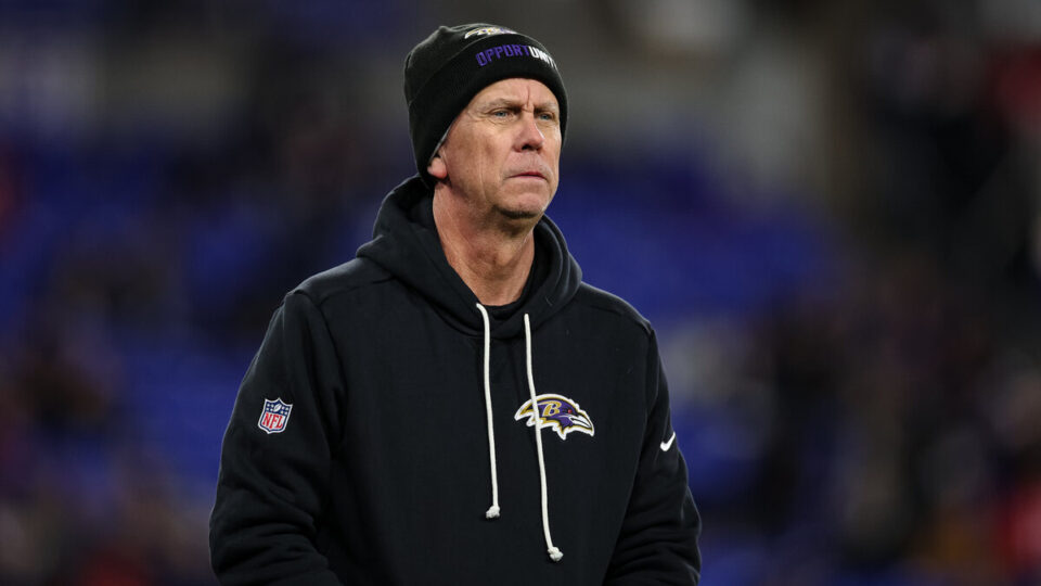 Offensive coordinator Todd Monken of the against the Baltimore Ravens looks on before the game against the New England Patriots at M&T Bank Stadium on December 21, 2025 in Baltimore, Maryland.