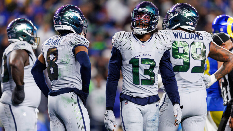 Ernest Jones IV #13 of the Seattle Seahawks stands on the field during the first half of the NFL football game against the Los Angeles Rams at Lumen Field on December 18, 2025 in Seattle, Washington.