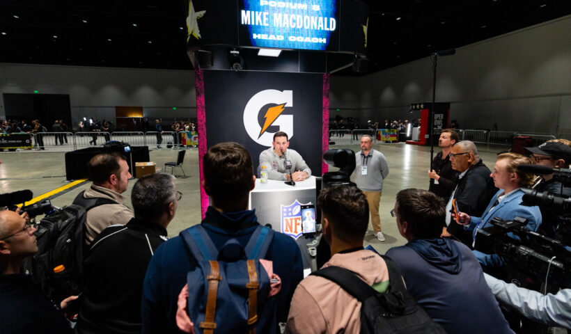 Head coach Mike Macdonald of the Seattle Seahawks speaks with the media during Super Bowl LX Opening Night on February 2, 2026 at the San Jose McEnery Convention Center in San Jose, CA.