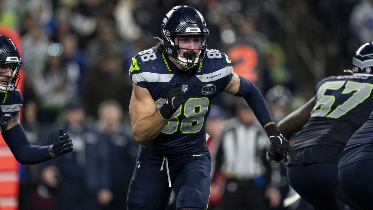 AJ Barner #88 of the Seattle Seahawks runs during an NFC Championship NFL football game against the Los Angeles Rams at Lumen Field on January 25, 2026 in Seattle, Washington.