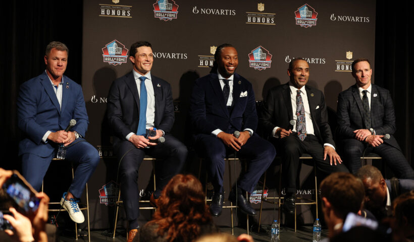 (L-R) 2026 Pro Football Hall of Fame inductees Adam Vinatieri, Luke Kuechly, Larry Fitzgerald, Roger Craig and Drew Brees look on during the 15th Annual NFL Honors at the Palace Of Fine Arts on February 05, 2026 in San Francisco, California.