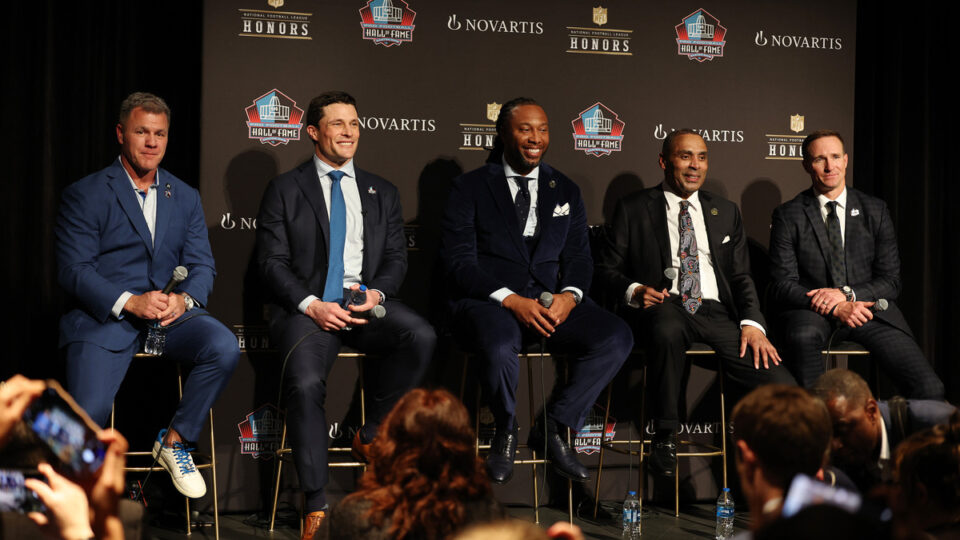 (L-R) 2026 Pro Football Hall of Fame inductees Adam Vinatieri, Luke Kuechly, Larry Fitzgerald, Roger Craig and Drew Brees look on during the 15th Annual NFL Honors at the Palace Of Fine Arts on February 05, 2026 in San Francisco, California.