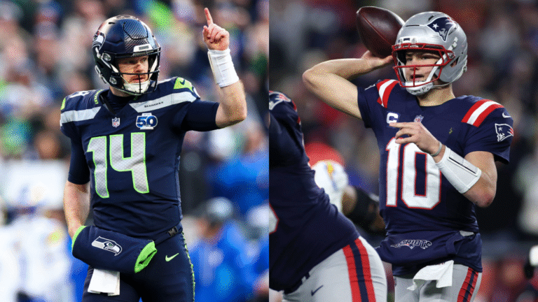 Split photo of Seattle Seahawks quarterback Sam Darnold and New England Patriots quarterback Drake Maye from the 2025 season.