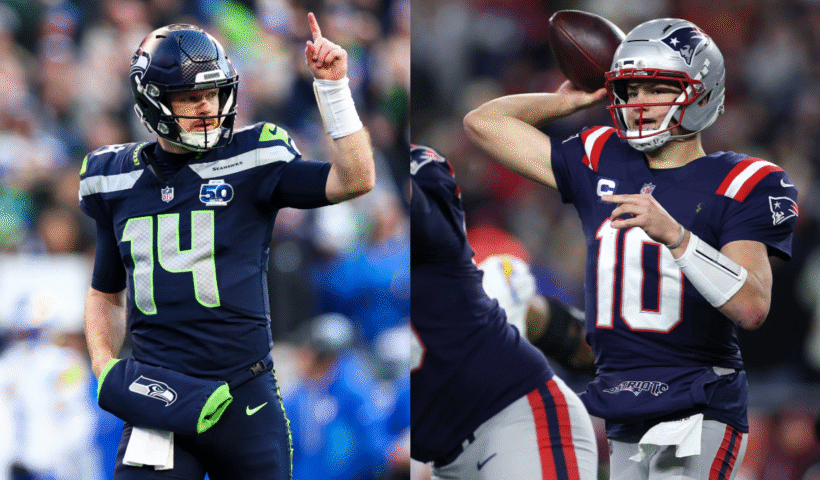 Split photo of Seattle Seahawks quarterback Sam Darnold and New England Patriots quarterback Drake Maye from the 2025 season.