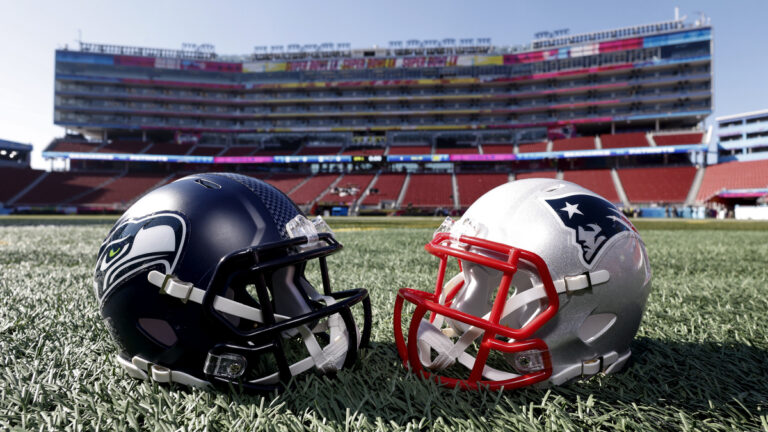 A general view of the Seattle Seahawks helmet and New England Patriots helmet displayed in inside of the Levi's Stadium prior to Super Bowl LX on February 4, 2026 in Santa Clara, California.