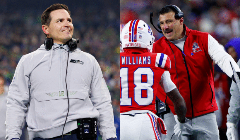 Seattle Seahawks head coach Mike Macdonald and New England Patriots head coach Mike Vrabel split image from the 2025 season.