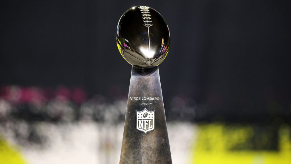 A detailed view of the Vince Lombardi Trophy during Super Bowl LX Opening Night at San Jose McEnery Convention Center on February 02, 2026 in San Jose, California.
