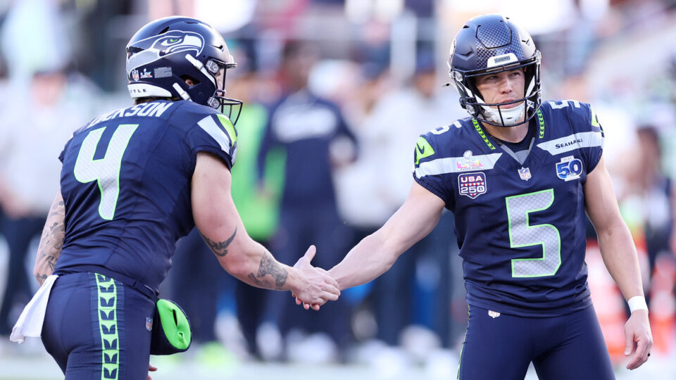 Jason Myers #5 of the Seattle Seahawks celebrates a field goal against the New England Patriots with Michael Dickson #4 of the Seattle Seahawks during the first quarter in Super Bowl LX at Levi's Stadium on February 08, 2026 in Santa Clara, California.