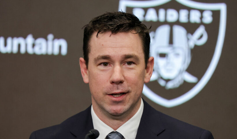 Klint Kubiak speaks as he is introduced as the head coach of the Las Vegas Raiders during a news conference at the Las Vegas Raiders Headquarters/Intermountain Health Performance Center on February 10, 2026 in Henderson, Nevada.