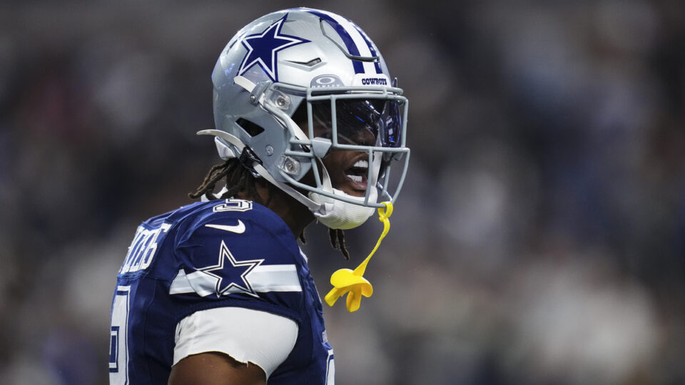 George Pickens #3 of the Dallas Cowboys celebrates during an NFL football game against the Los Angeles Chargers at AT&T Stadium on December 21, 2025 in Arlington, Texas.