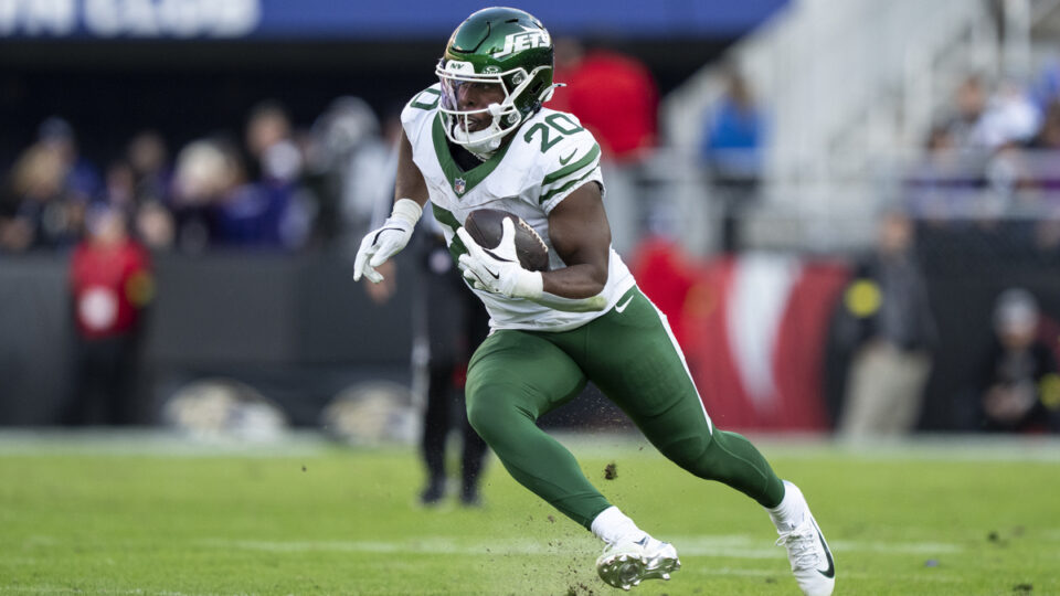 Breece Hall #20 of the New York Jets runs with the ball during an NFL football game against the Baltimore Ravens at M&T Bank Stadium on November 23, 2025 in Baltimore, Maryland.