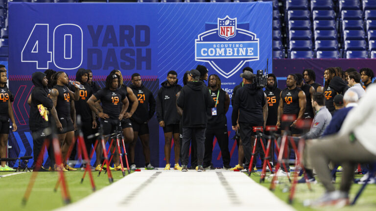 Scout Mark Gorscak leads 40-yard dash drill during the NFL Scouting Combine at Lucas Oil Stadium on March 1, 2025 in Indianapolis, Indiana.