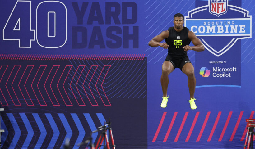 Sonny Styles of the Ohio State Buckeyes participates in the 40-yard dash during the 2026 NFL Scouting Combine at Lucas Oil Stadium on February 26, 2026 in Indianapolis, Indiana.