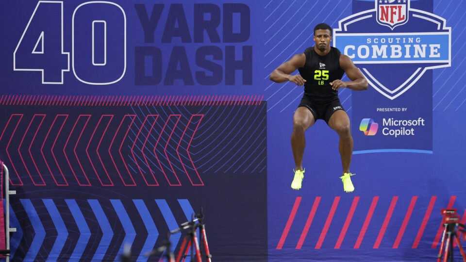 Sonny Styles of the Ohio State Buckeyes participates in the 40-yard dash during the 2026 NFL Scouting Combine at Lucas Oil Stadium on February 26, 2026 in Indianapolis, Indiana.