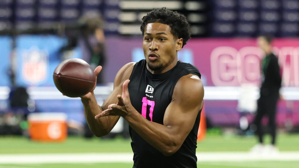 Chris Johnson of the San Diego State Aztecs participates in a drill during the 2026 NFL Scouting Combine at Lucas Oil Stadium on February 27, 2026 in Indianapolis, Indiana.