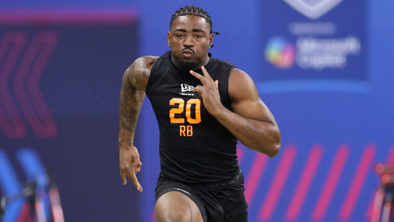 Mike Washington Jr of the Arkansas Razorbacks participates in the 40-yard dash during the 2026 NFL Scouting Combine at Lucas Oil Stadium on February 28, 2026 in Indianapolis, Indiana.