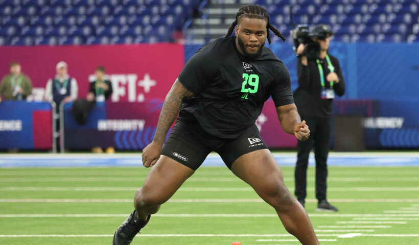 Max Iheanachor of the Arizona State Sun Devils participates in a drill during the 2026 NFL Scouting Combine at Lucas Oil Stadium on March 01, 2026 in Indianapolis, Indiana.