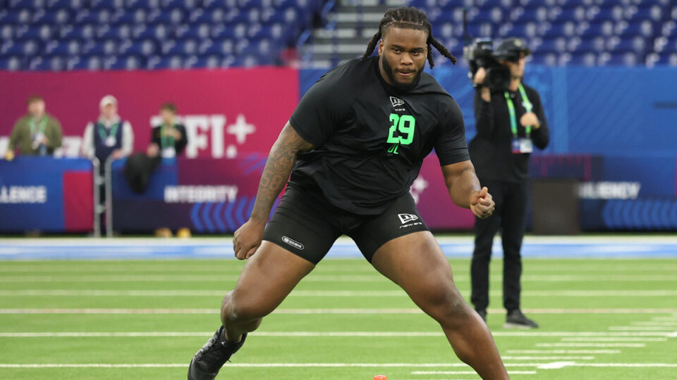 Max Iheanachor of the Arizona State Sun Devils participates in a drill during the 2026 NFL Scouting Combine at Lucas Oil Stadium on March 01, 2026 in Indianapolis, Indiana.