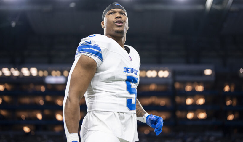 David Montgomery #5 of the Detroit Lions looks on prior to an NFL football game against the Dallas Cowboys at Ford Field on December 04, 2025 in Detroit, Michigan.