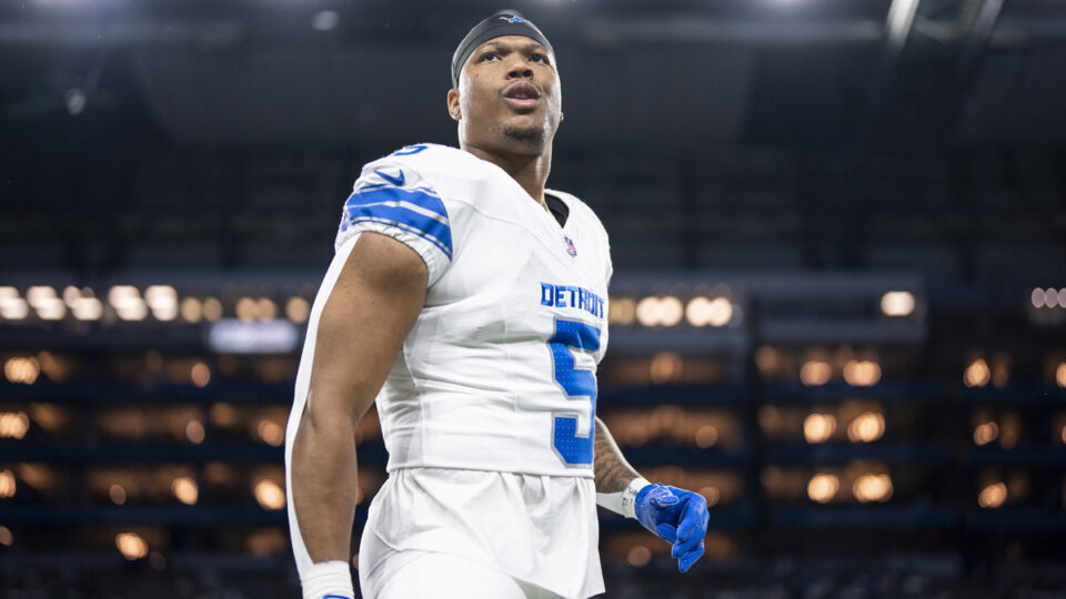 David Montgomery #5 of the Detroit Lions looks on prior to an NFL football game against the Dallas Cowboys at Ford Field on December 04, 2025 in Detroit, Michigan.