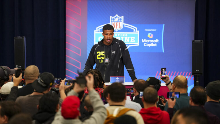 Sonny Styles #LB25 of Ohio State speaks during a press conference at the 2026 NFL Scouting Combine on February 25, 2026 in Indianapolis, Indiana.