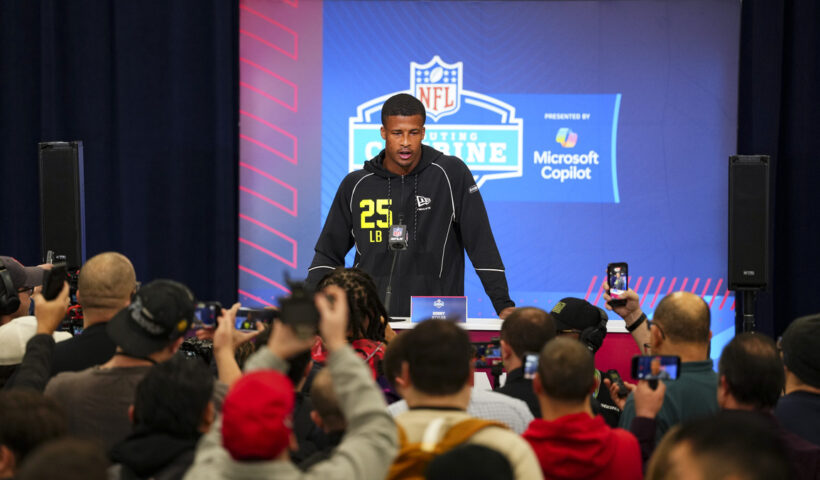 Sonny Styles #LB25 of Ohio State speaks during a press conference at the 2026 NFL Scouting Combine on February 25, 2026 in Indianapolis, Indiana.
