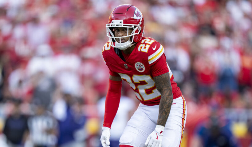 Trent McDuffie #22 of the Kansas City Chiefs lines up during an NFL football game against the Baltimore Ravens at GEHA Field at Arrowhead Stadium on September 28, 2025 in Kansas City, Missouri.