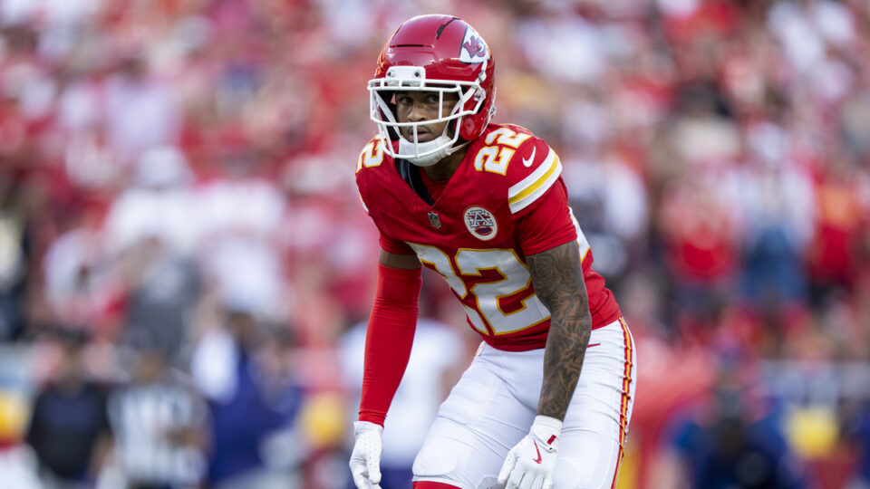 Trent McDuffie #22 of the Kansas City Chiefs lines up during an NFL football game against the Baltimore Ravens at GEHA Field at Arrowhead Stadium on September 28, 2025 in Kansas City, Missouri.