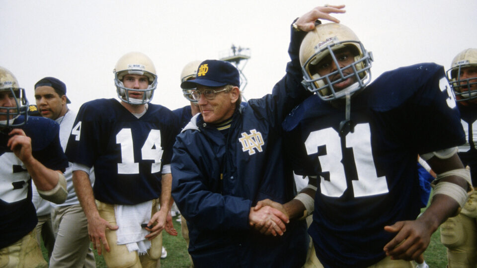 Head Coach Lou Holtz of the Notre Dame Fighting Irish gives instructions to his players during a practice circa 1988 at Notre Dame in South Bend, Indiana. Holtz coached the Notre Dame Fighting Irish from 1986-1996.