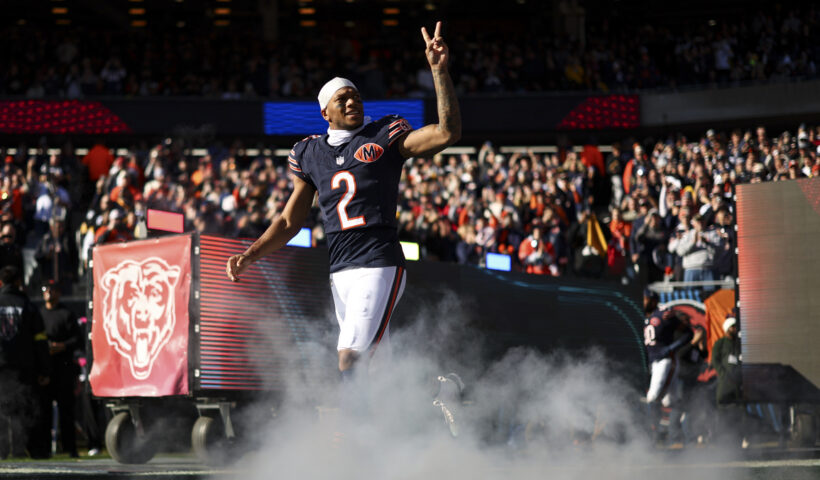DJ Moore #2 of the Chicago Bears runs onto the field prior to an NFL football game against the Pittsburgh Steelers at Soldier Field on November 23, 2025 in Chicago, Illinois.