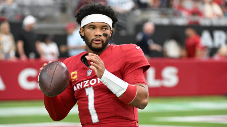 Kyler Murray #1 of the Arizona Cardinals warms up prior to a game against the Carolina Panthers at State Farm Stadium on September 14, 2025 in Glendale, Arizona.