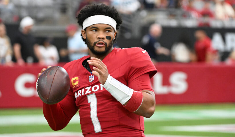 Kyler Murray #1 of the Arizona Cardinals warms up prior to a game against the Carolina Panthers at State Farm Stadium on September 14, 2025 in Glendale, Arizona.