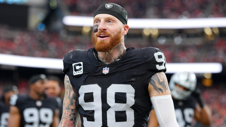 Maxx Crosby #98 of the Las Vegas Raiders walks on the sideline before a game against the Denver Broncos at Allegiant Stadium on December 07, 2025 in Las Vegas, Nevada.