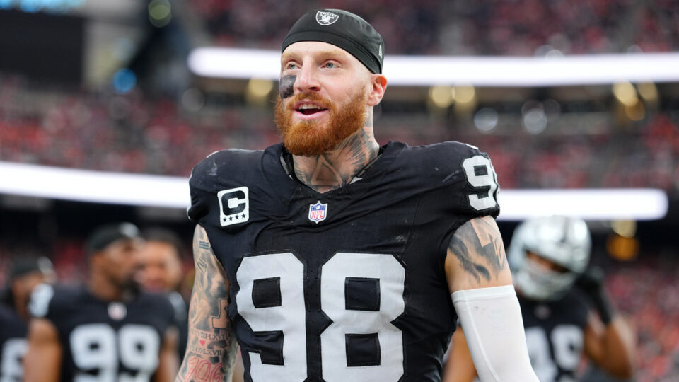Maxx Crosby #98 of the Las Vegas Raiders walks on the sideline before a game against the Denver Broncos at Allegiant Stadium on December 07, 2025 in Las Vegas, Nevada.