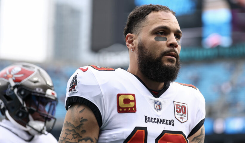 Mike Evans #13 of the Tampa Bay Buccaneers looks on prior to a game against the Carolina Panthers at Bank of America Stadium on December 21, 2025 in Charlotte, North Carolina.