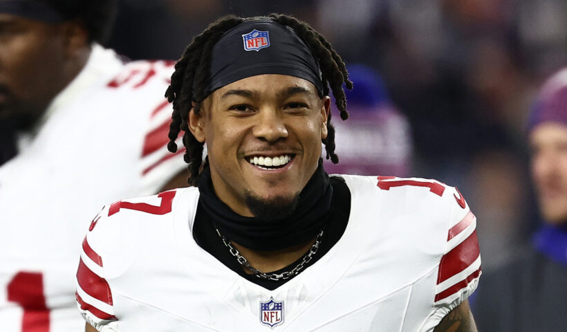 Wan'Dale Robinson #17 of the New York Giants smiles during pregame prior to the game against the New England Patriots at Gillette Stadium on December 01, 2025 in Foxborough, Massachusetts.