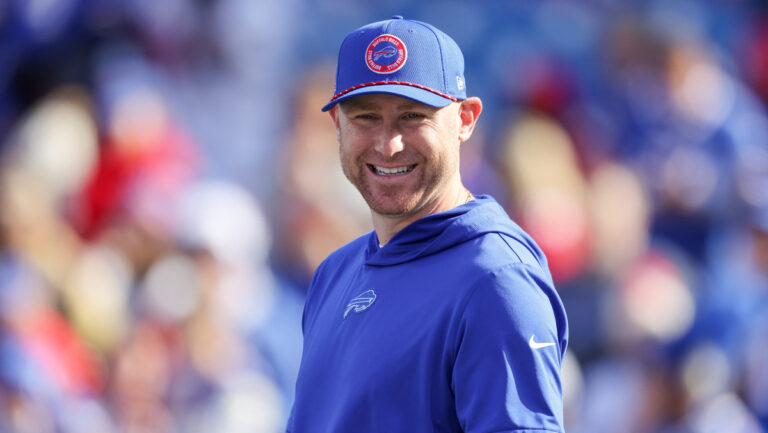 Offensive Coordinator Joe Brady of the Buffalo Bills looks on prior to a game against the Miami Dolphins at Highmark Stadium on November 03, 2024 in Orchard Park, New York.
