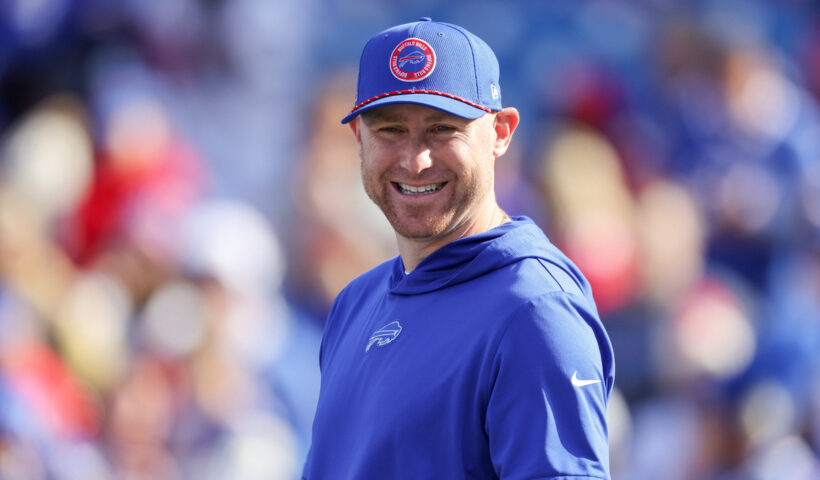 Offensive Coordinator Joe Brady of the Buffalo Bills looks on prior to a game against the Miami Dolphins at Highmark Stadium on November 03, 2024 in Orchard Park, New York.