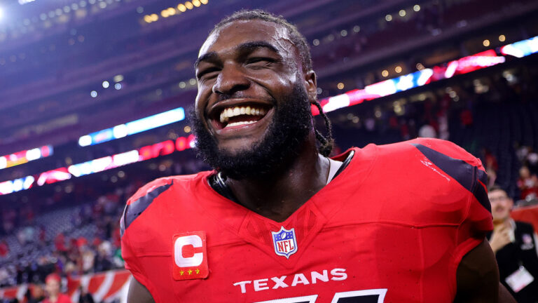 Will Anderson Jr. #51 of the Houston Texans reacts against after the game against the Buffalo Bills at NRG Stadium on November 20, 2025 in Houston, Texas.