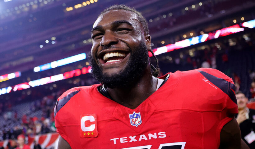 Will Anderson Jr. #51 of the Houston Texans reacts against after the game against the Buffalo Bills at NRG Stadium on November 20, 2025 in Houston, Texas.