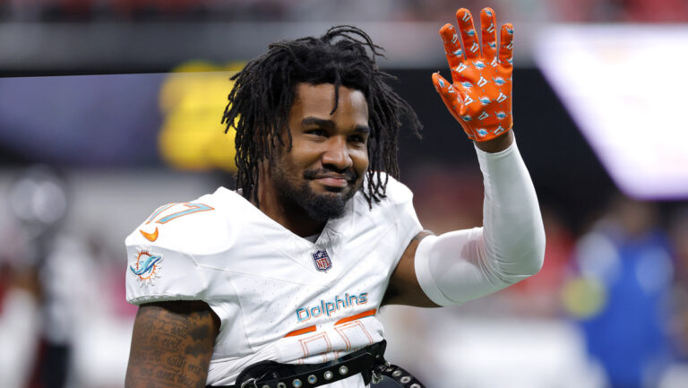 Jaylen Waddle #17 of the Miami Dolphins looks on during warmups prior to the game against the Atlanta Falcons at Mercedes-Benz Stadium on October 26, 2025 in Atlanta, Georgia.