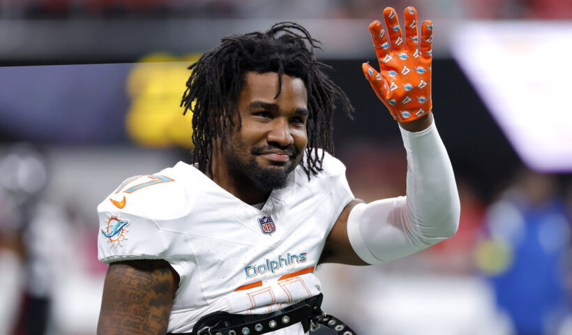 Jaylen Waddle #17 of the Miami Dolphins looks on during warmups prior to the game against the Atlanta Falcons at Mercedes-Benz Stadium on October 26, 2025 in Atlanta, Georgia.