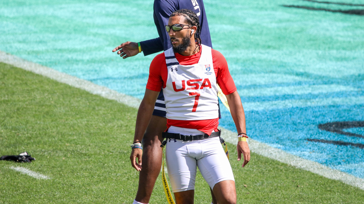Team USA Darrell “Housh” Doucette wearing a No. 7 Team USA jersey watches during practice on March 20, 2026 at the Fanatics Flag Football Classic in Los Angeles at BMO Stadium.