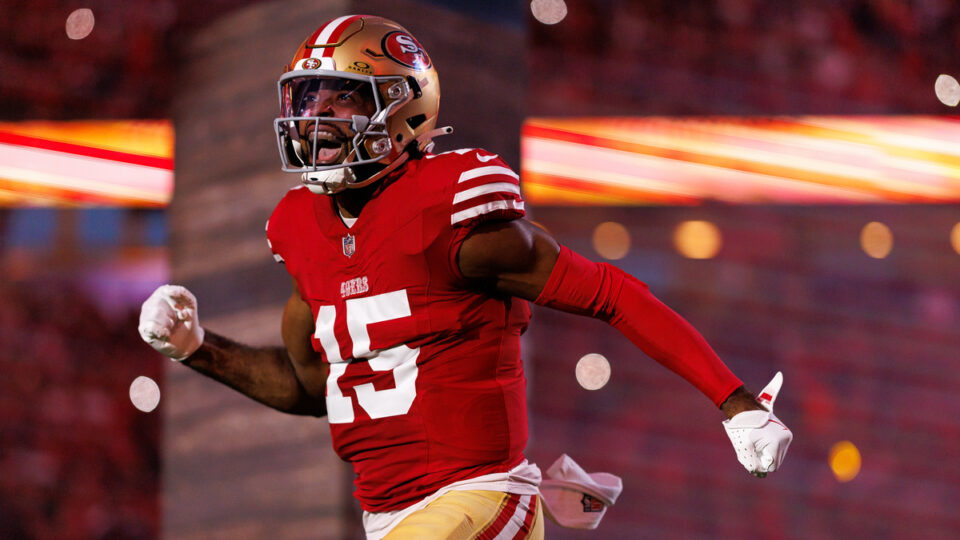 Jauan Jennings #15 of the San Francisco 49ers enters the field during player introductions prior to an NFL football game against the Carolina Panthers at Levi's Stadium on November 24, 2025 in Santa Clara, California.