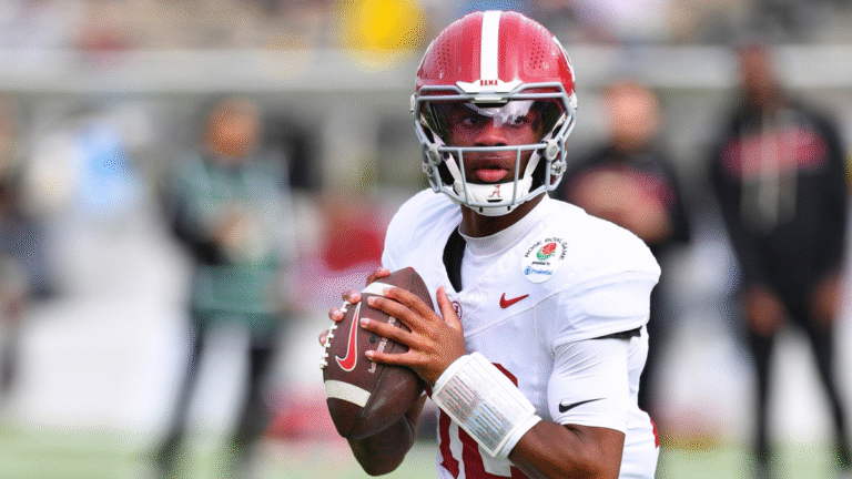 QB Keelon Russell #12 of the Alabama Crimson Tide warms up before the Alabama Crimson Tide versus Indiana Hoosiers College Football Playoff Quarterfinal at the Rose Bowl Game on January 1, 2026, at the Rose Bowl Stadium in Pasadena, CA.