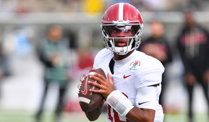 QB Keelon Russell #12 of the Alabama Crimson Tide warms up before the Alabama Crimson Tide versus Indiana Hoosiers College Football Playoff Quarterfinal at the Rose Bowl Game on January 1, 2026, at the Rose Bowl Stadium in Pasadena, CA.