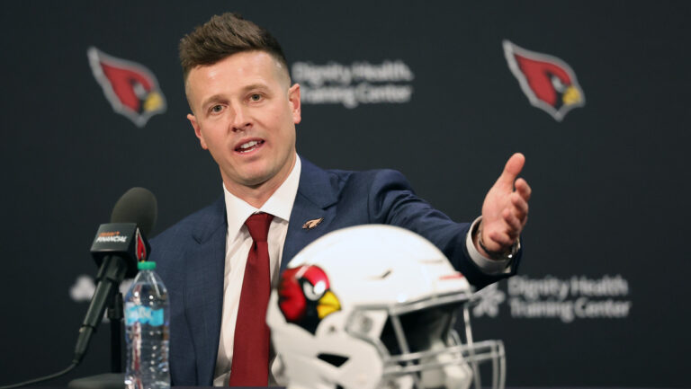 New Arizona Cardinals head coach Mike LaFleur speaks to the media during a press conference at Dignity Health Arizona Cardinals Training Center on February 03, 2026 in Tempe, Arizona.